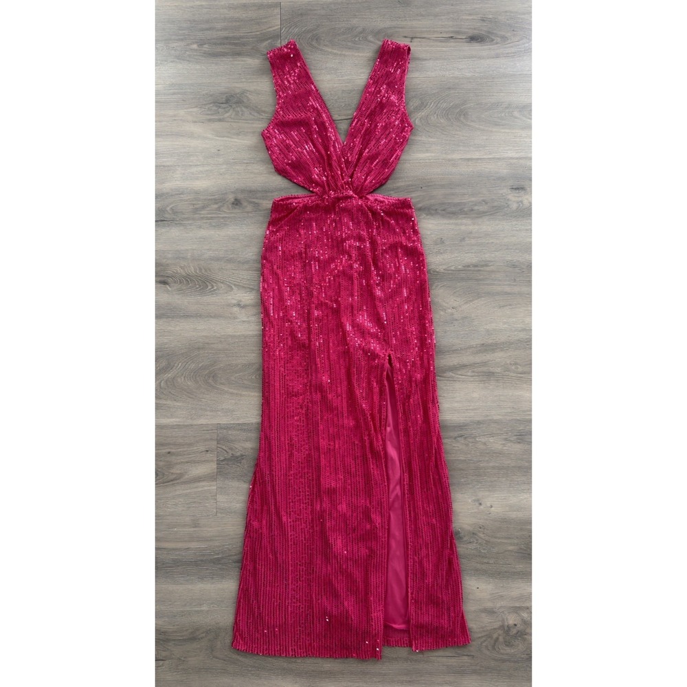 Women's Hot Pink Sequins Deep V Neck Side Cutouts Long Formal Dress Size 0-2